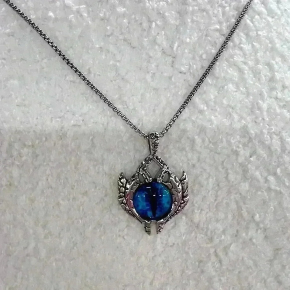 Mystical Dragon Eye Pendant Necklace – Silver Wings  & Blue Eye Design - Picture 1 of 5